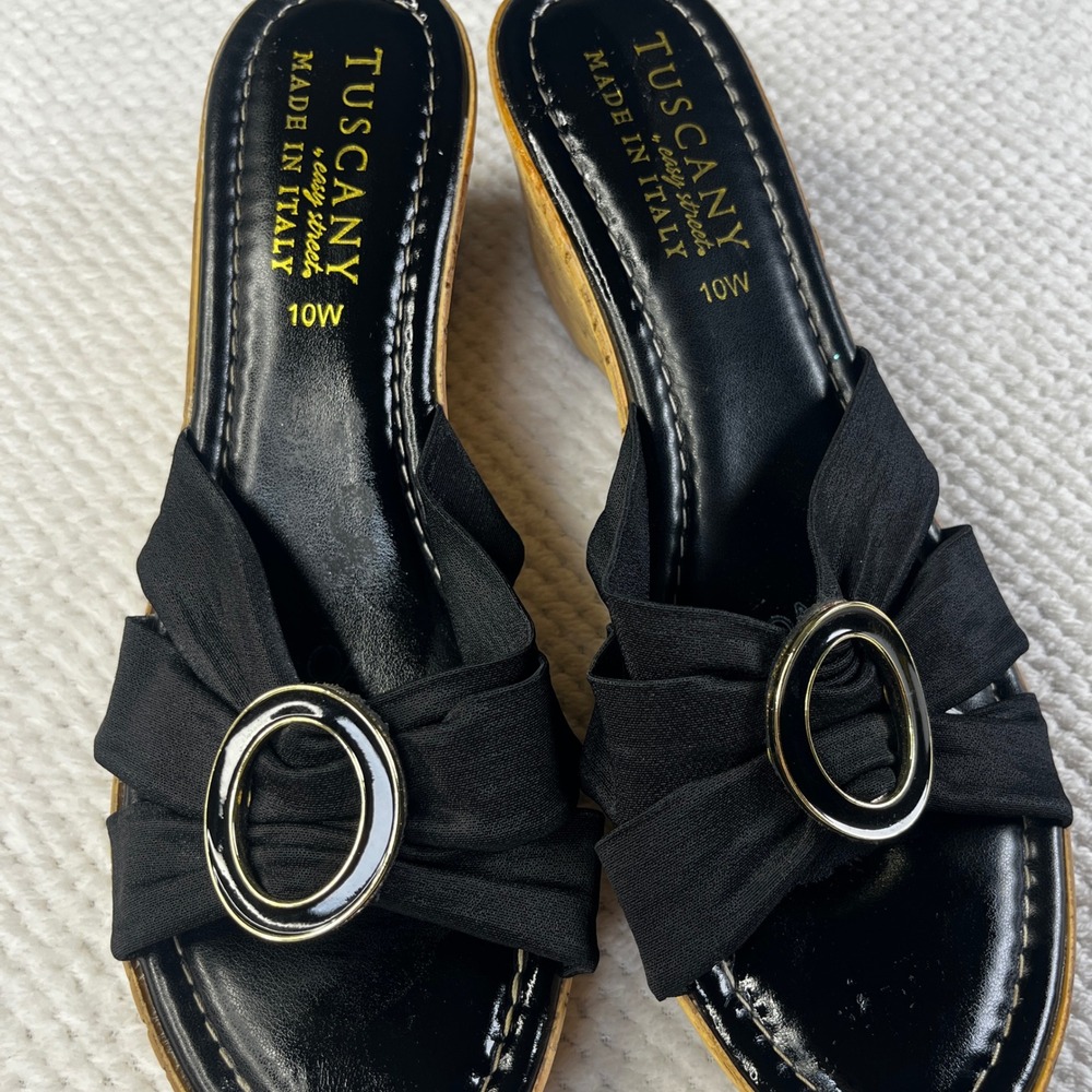Tuscany by Easy Street Womens Black Cork Wedge Sandals Made in‎ Italy 10W Wide